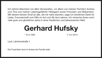 Traueranzeige von Gerhard Hufsky von Pegnitz-Zeitung